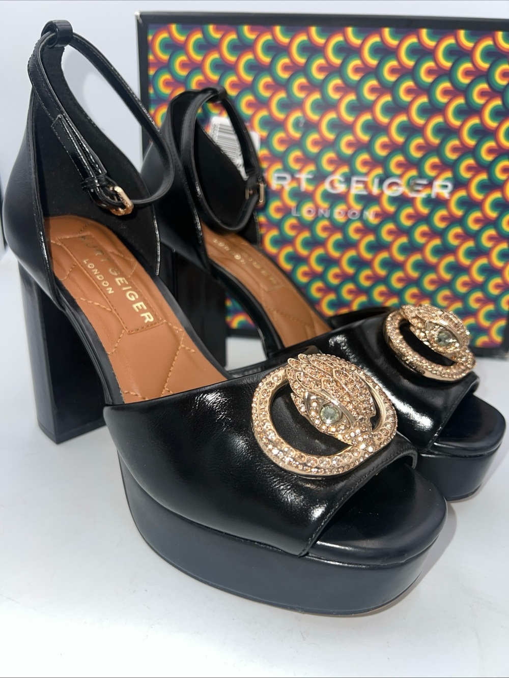 KURT GEIGER London Chelsea Platform Leather Heel Crystal Embellish Eagle 8.5 NEW